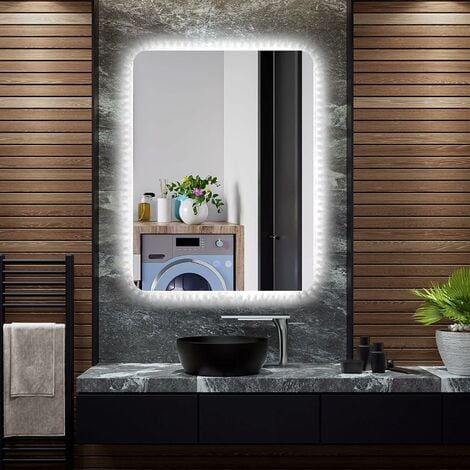 EMKE Miroir de salle de bain LED 40 x 60 cm, petit miroir de salle de bain  avec fonction anti-buée, 2 couleurs de lumière blanc chaud/blanc froid,  bouton, miroir anti-explosion IP44 