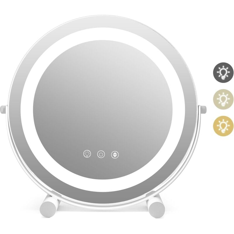 Miroir sur Pied Maquillage 30 cm, Miroir Lumineux Maquillage Ronde Rotation à 360°, 3 Éclairages&Couleurs, Fonction Mémoire, Support en Métal, Miroir