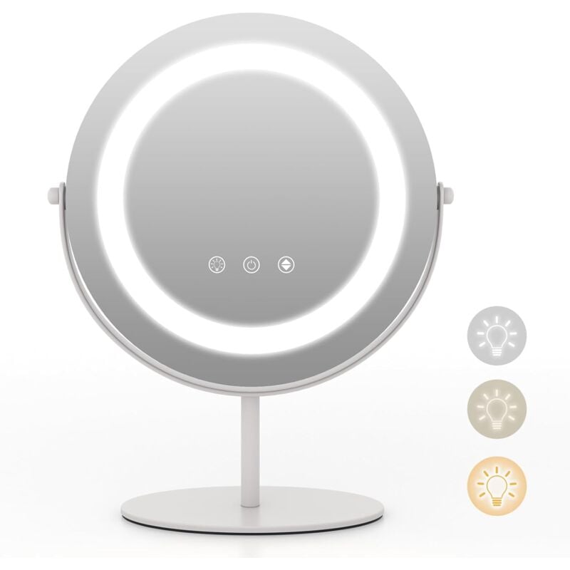 COSTWAY Miroir sur Pied Maquillage, Miroir Lumineux Maquillage Ronde Dia.25 Cm, 3 Éclairages, Rotation à 360°, Fonction Mémoire, Support en Métal,