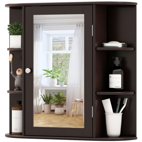 COSTWAY Mirrored Bathroom Cabinet Wooden Hanging Cabinet-Brown