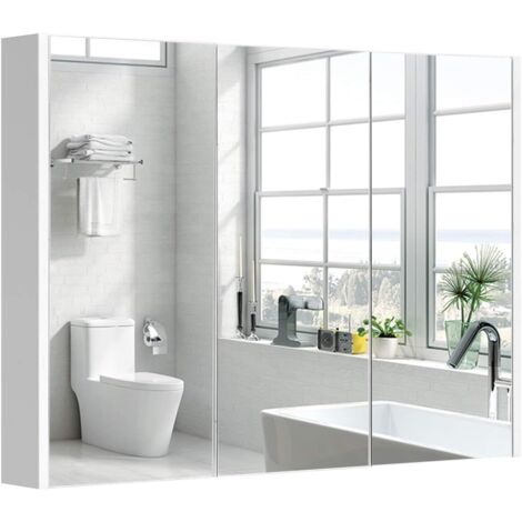 COSTWAY Mobile a Specchio per Bagno a 3 Ante, 2 Ripiani Regolabili, 90x11x65cm,Bianco