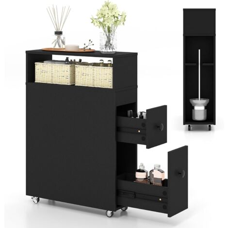 COSTWAY Mobile Bagno 50 x 19 x 72 cm, Arredo Salvaspazio con 2 Cassetti, 2 Cesti in Rattan, Ruote e Ripiani, Armadietto Stretto per Spazi Ridotti, Salotto e Cucina (Nero)