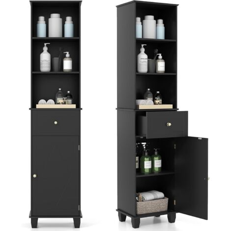 COSTWAY Mobile Bagno Alto 172 cm, Mobiletto Stretto da Pavimento con 3 Ripiani Aperti,Nero