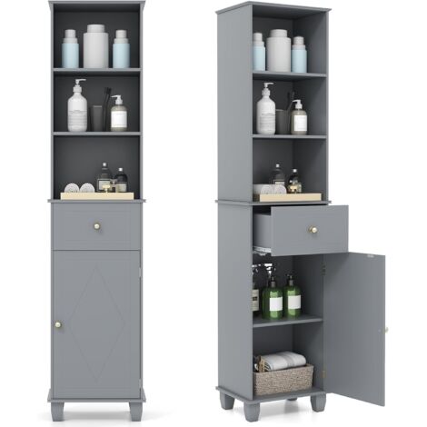 COSTWAY Mobile Bagno Alto 172 cm,con 3 Ripiani Aperti,1 Cassetto,1 Anta,Grigio