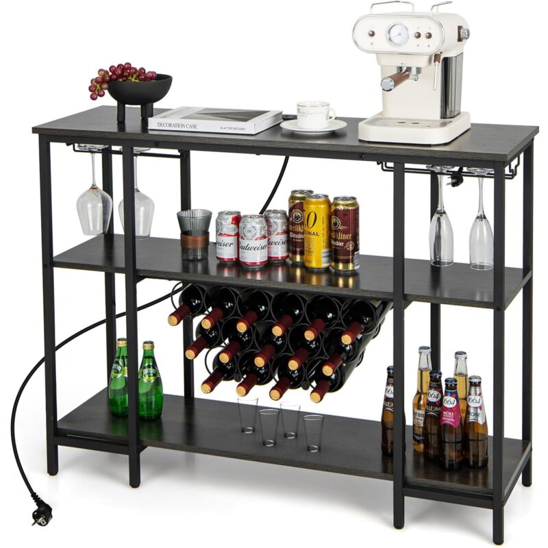 Image of Mobile Bar Vino, Portabottiglie Industriale con 3 Ripiani, Porta Calici, Porte usb e Prese, Mobile Portabottiglie di Vino con Struttura in Metallo,