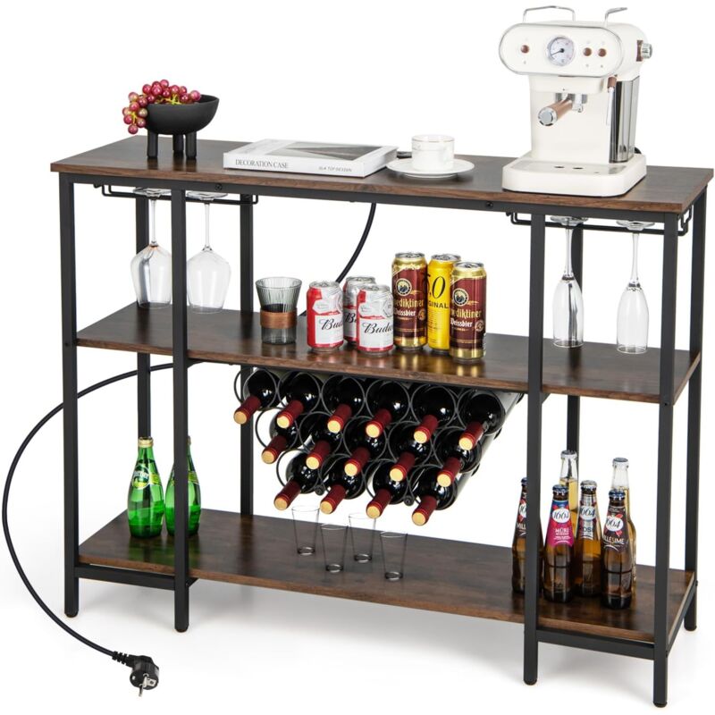 Image of COSTWAY Mobile Bar Vino, Portabottiglie Industriale con 3 Ripiani, Porta Calici, Porte USB e Prese, Mobile Portabottiglie di Vino con Struttura in