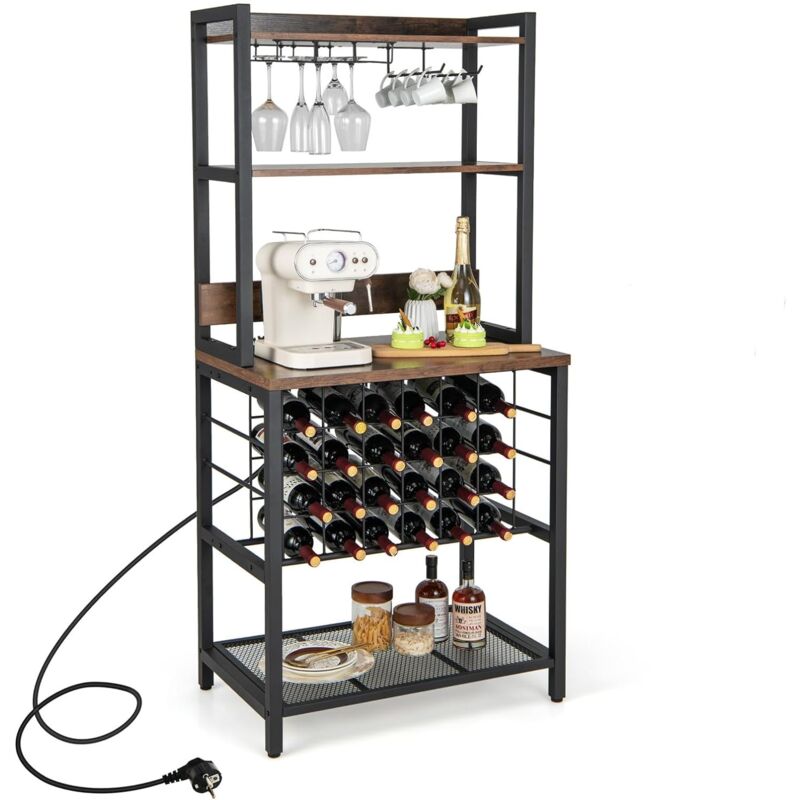 Image of Mobile Bar Vino, Portabottiglie Industriale con 4 Ripiani, Porta Calici, Porte usb e Prese, con Struttura in Metallo Robusto, 75,5 x 48 x 163 cm