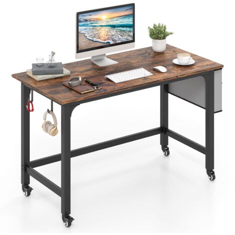 COSTWAY Mobile Computer Desk 120cm Home Office Desk w/ Storage Bag-Brown