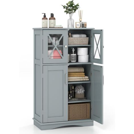 COSTWAY Mobile da Bagno con 4 Ante, Armadio da Terra con Ripiani Regolabili, Mobiletto Multifunzionale per Bagno Cucina e Soggiorno, 60x30x108 cm (Grigio)