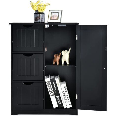 COSTWAY Mobile da Bagno, Mobile da Terra con 3 Cassetti e Anta, Ripiano Regolabile, per Bagno, Camera da Letto, Salotto, Cucina, 60x 30x 81cm (Nero)