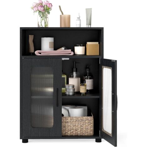 COSTWAY Mobile da Bagno, Mobiletto Salvaspazio con 2 Ante e Ripiano Regolabile a 3 Livelli, Scomparto Aperto, Design Anti-Ribaltamento e Piedini Rialzati, Armadietto per Lavanderia (Nero)