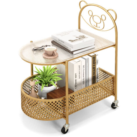 COSTWAY Mobile Glass Coffee Table 2-Tier Modern Cocktail Table-Golden