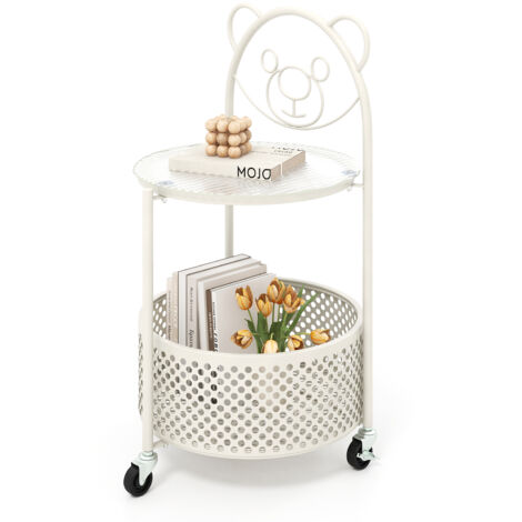 COSTWAY Mobile Glass Coffee Table 2-Tier Round End Table w/Bear Pattern