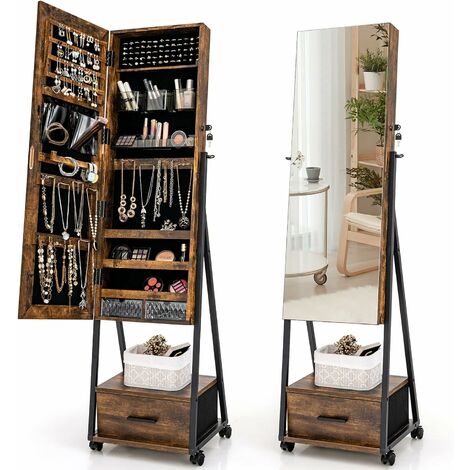 COSTWAY Mobile Jewelry Cabinet, Floor Standing Lockable Jewelry Armoire with Full Length Mirror, Drawer and Wheels, Makeup Jewellery Storage Organiser Unit for Bedroom Dressing Room (Rustic Brown)