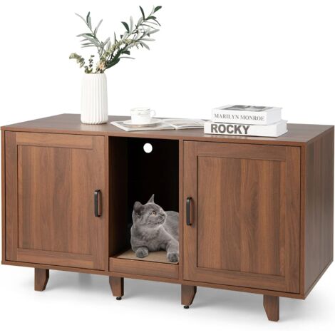 COSTWAY Mobile per Lettiera per Gatti 120 x 52 x 65 cm, Casetta per Gatti con 2 Ante, Fori, Tiragraffi e Gambe Staccabili, Mobile Versatile e Moderno per Salotto (Marrone)