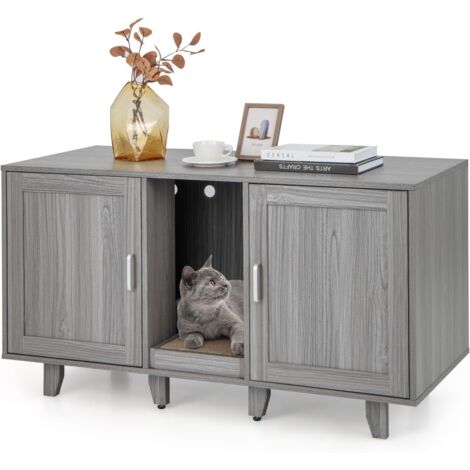 COSTWAY Mobile per Lettiera per Gatti 120 x 52 x 65 cm, Casetta per Gatti con 2 Ante, Fori, Tiragraffi e Gambe Staccabili, Mobile Versatile e Moderno per Salotto (Quercia grigia)