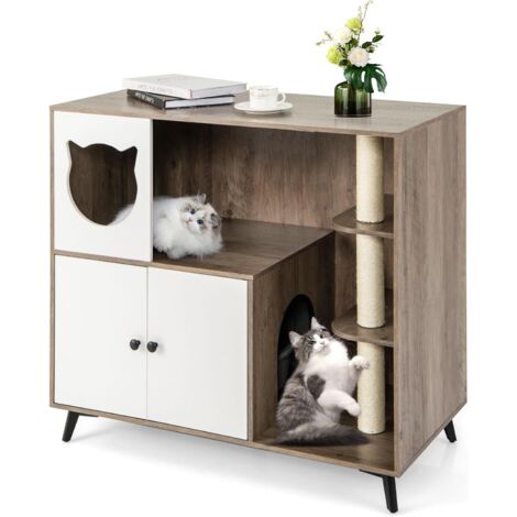 COSTWAY Mobile per Lettiera per Gatti, Cassetta per Gattini con 3 Pali in Sisal per Grattare, Comò per Gattini e 5 Gambe di Supporto in Metallo, Cuccia per Gatti da Interno, 100 x 51 x 91 cm