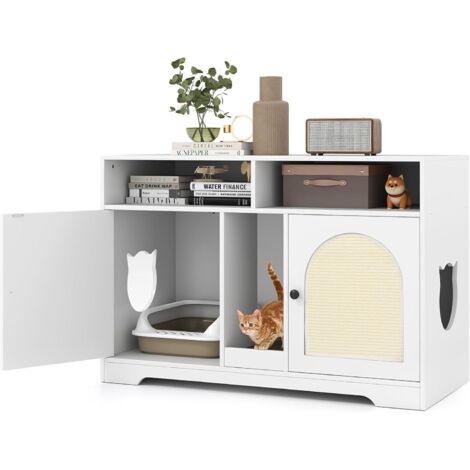 COSTWAY Mobile per Lettiera per Gatti, Cassetta per Gattini con Ripostiglio, Doppie Stanze, Tavola da Graffiare e 2 Tappetini in Sisal, Cuccia per Gatti da Interno, 76 x 53 x 74 cm