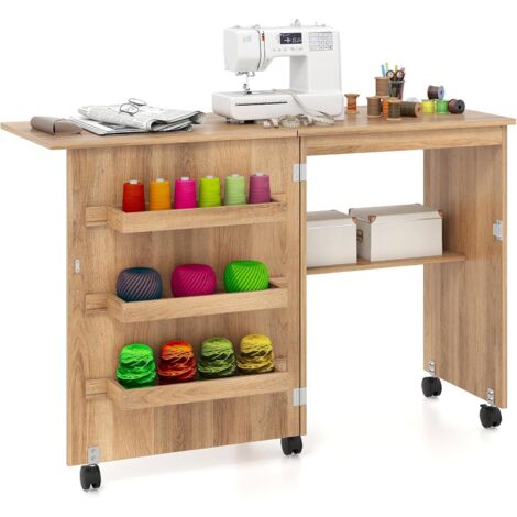 COSTWAY Mobile per Macchina da Cucire Pieghevole in Legno,Ruote Bloccabili,118,5x40x79,5cm,Legno