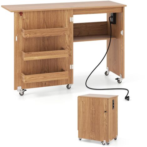 COSTWAY Mobile per Macchina da Cucire Pieghevole, Tavolo da Cucito con Stazione di Ricarica, Ruote Bloccabili, Ripiano e Contenitori (Legno, 116 x 41 x 78 cm)
