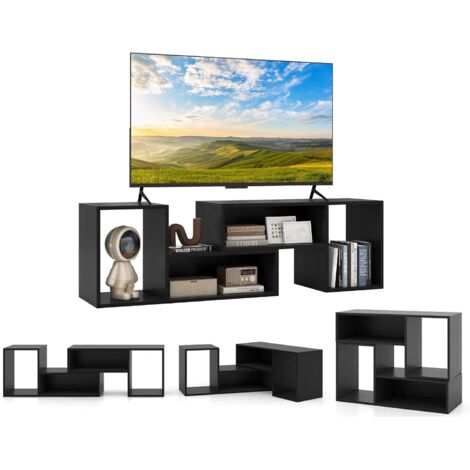 COSTWAY Mobile Porta TV Combinabile a 2 Pezzi, per TV Fino a 60'', Mobile TV a Angolo Soggiorno in Legno, con 4 Vani Aperti, Tavolo Media TV Multifunzionale, per Soggiorno, Camera da Letto (Nero)