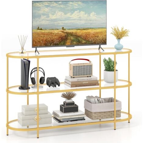 COSTWAY Mobile Porta TV fino a 65’’, Tavolo Consolle TV con 3 Ripiani in Vetro Temperato, Supporto TV con Struttura in Metallo, per Soggiorno, Camera da Letto