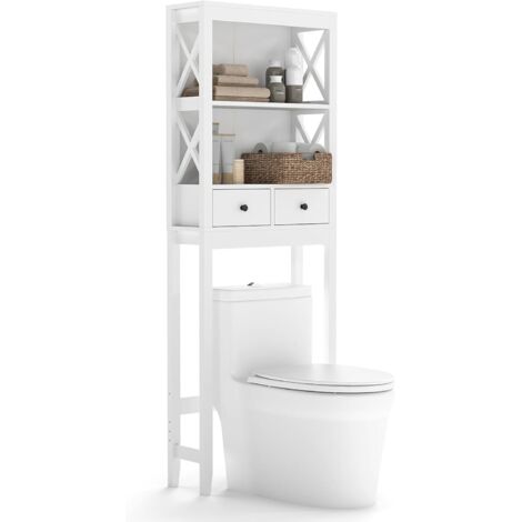 COSTWAY Mobile Sopra Lavatrice, Armadietto da Bagno Indipendente Alto 165 cm con Ripiani Aperti, Cassetti e Barra Inferiore Regolabile, Mobile Sopra WC Salvaspazio, 60 x 20,5 x 165 cm