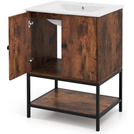 COSTWAY Mobile Sottolavabo per Bagno in Legno, Mobiletto da Bagno con 2 Ante e Mensola Aperta, Mobile da Bagno a Terra Stile Vintage con Lavandino in Ceramica, 61 x 46,5 x 87 cm, Marrone Rustico