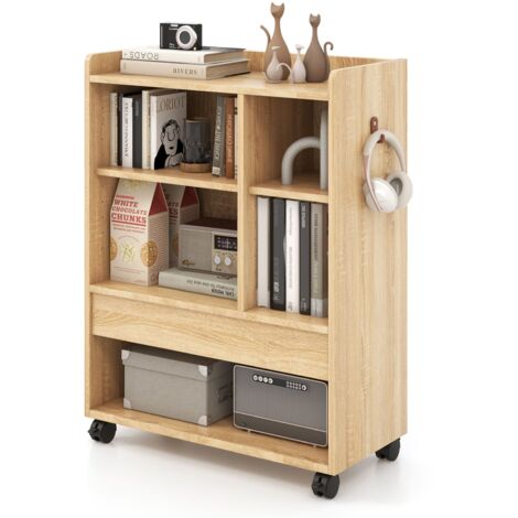COSTWAY Mobile Storage Cabinet Floor Storage Organizer w/Drawer-Natural