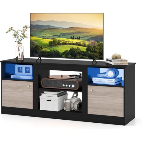 COSTWAY Mobile TV con Luci LED per Schermo fino a 65", Tavolino TV con Ripiano Regolabile e Scomparto Aperto per Camino Elettrico, Consolle Media Lungo 147 cm con Telecomando per Soggiorno