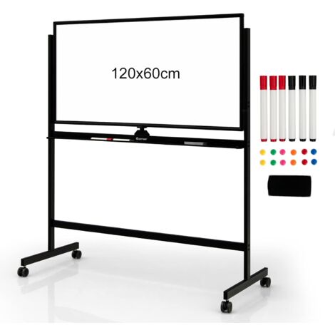 COSTWAY Mobiles Whiteboard 120x60cm, doppelseitiges magnetisches Whiteboard mit Staender & Rollen, trocken abwischbar, verstellbare Weisstafel inkl. Zubehoer für Zuhause, Büro und Schule Schwarz