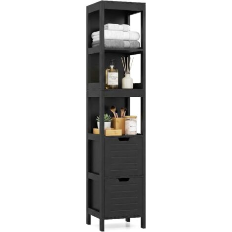 COSTWAY Mobiletto Alto e Stretto Salvaspazio,Legno,2 Cassetti 3 Ripiani,30,5x30,5x145cm,Nero