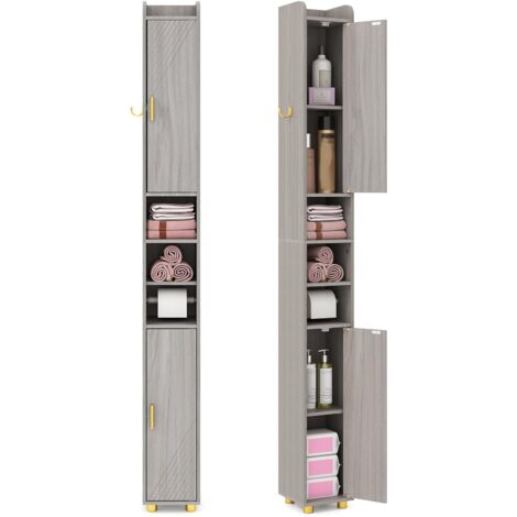 COSTWAY Mobiletto Bagno Salvaspazio 20 x 20 x 179 cm, Armadietto Stretto con 2 Ante, Ripiani Regolabili e Gancio Laterale, Armadio Salvaspazio per Cucina, Ufficio e Soggiorno (Grigio)