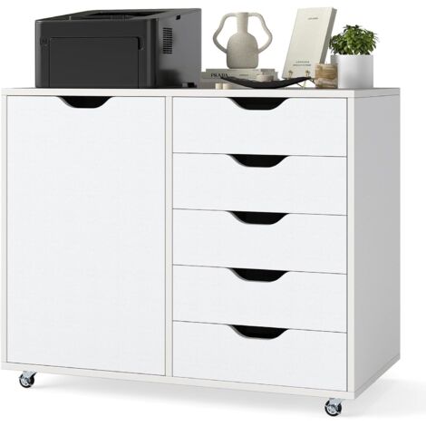COSTWAY Mobiletto con 5 Cassetti e Anta, Cassettiera per Documenti con 5 Ruote e Ripiano Regolabile, per Soggiorno, Ufficio e Cucina, 79 x 40 x 65 cm (Bianco)