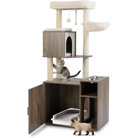 COSTWAY Mobiletto per Lettiera per Gatti, Tiragraffi per Gatti con Posto Graffio in Sisal，Grigio