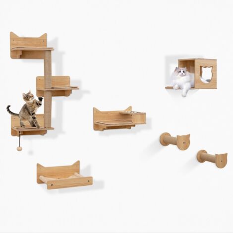 COSTWAY Mobili da Parete per Gatti a 6 Pezzi, Mensole a Muro con Amaca, Ciotola per Cibo e Acqua, Albero a 3 Livelli, Piattaforme, Scalini, Tiragraffi e Giocattolo, Parco Giochi da Interno (Modello 2)