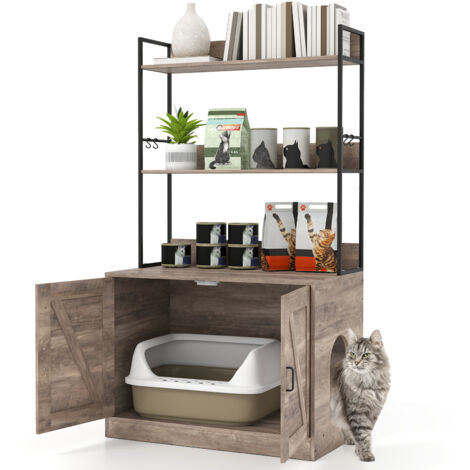 COSTWAY Modern Cat Litter Box Enclosure Hidden Cat Washroom Cabinet-Grey