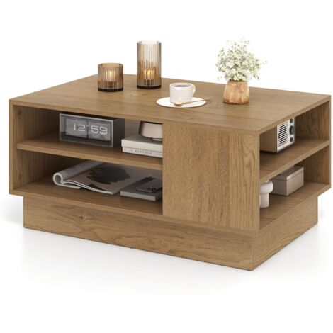 COSTWAY Modern Coffee Table 86cm Long Rectangle Center Table w/Storage Shelves Natural