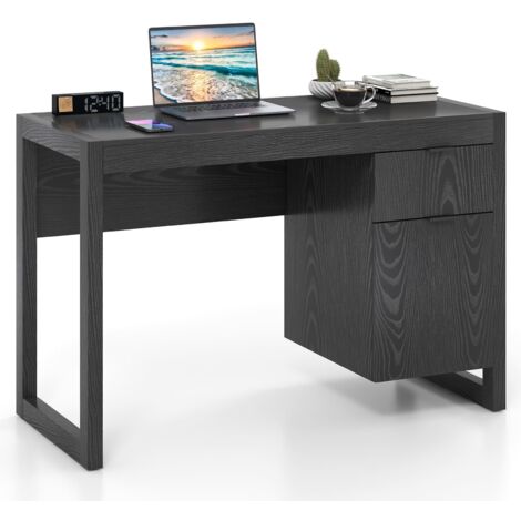 COSTWAY Modern Computer Desk Wooden Laptop Table Workstation W/ Storage-Black