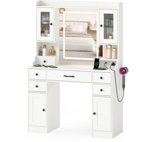 COSTWAY Modern Dressing Table Vanity Desk with Mirror and Lights-White