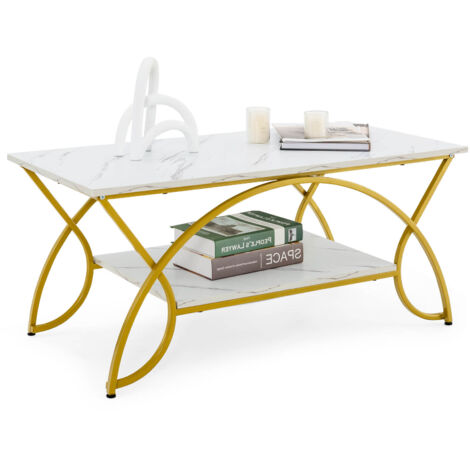 COSTWAY Modern Faux Marble Coffee Table 2-Tier Accent Table Chic Cocktail-White