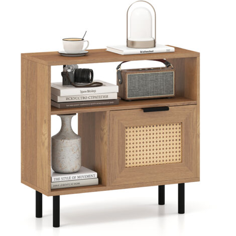 COSTWAY Modern Nightstand Boho Rattan Side End Table w/ Storage Shelf-Natural