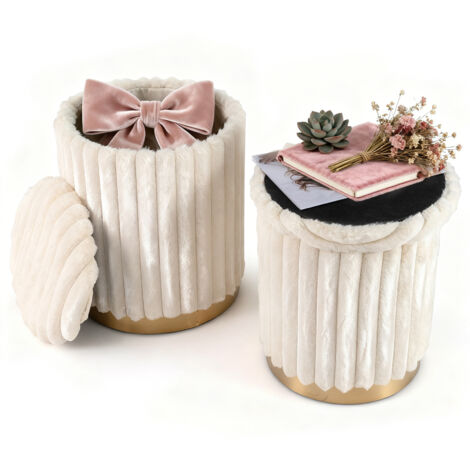 COSTWAY Modern Ottoman Set of 2  w/ Detachable Lids & Hidden Storage Space-Beige