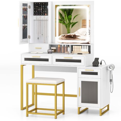 COSTWAY Modern Vanity Set Dressing Table and Chair Set w/ Adjustable Brightness