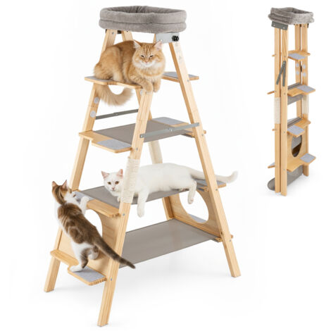 COSTWAY Modern Wooden Cat Tree Foldable Cat Climbing Furniture-Grey