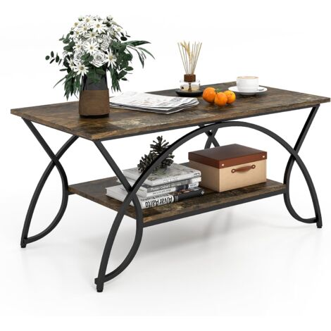 COSTWAY Moderna Mesa de Centro de Mármol, 2 Niveles con Marco de Metal Acabado en Oro, Elegante Mesa Auxiliar con Estante para Almacenamiento 100 x 50 x 45 cm (Negro)