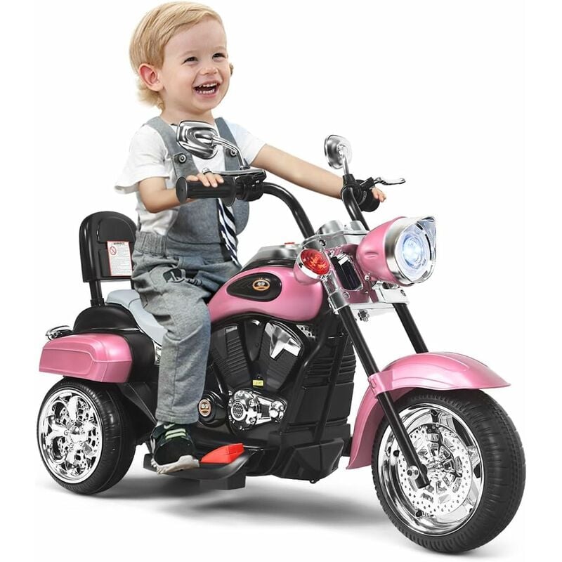 Costway - Moto Électrique 6V pour Enfants, Bouton Avant/Arrière, Phare Réglable de Haut en Bas, 3 Roues, Pédales et Dossier, Style de Chopper, Charge