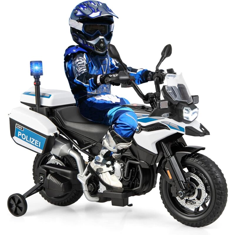 Moto Électrique pour Enfants 12V 6km/h avec 2 Roues Détachables, Moto Police avec 2 Coffre à Jouets, Musique, usb, Klaxon, Sirène, pour Enfant 3 à 8