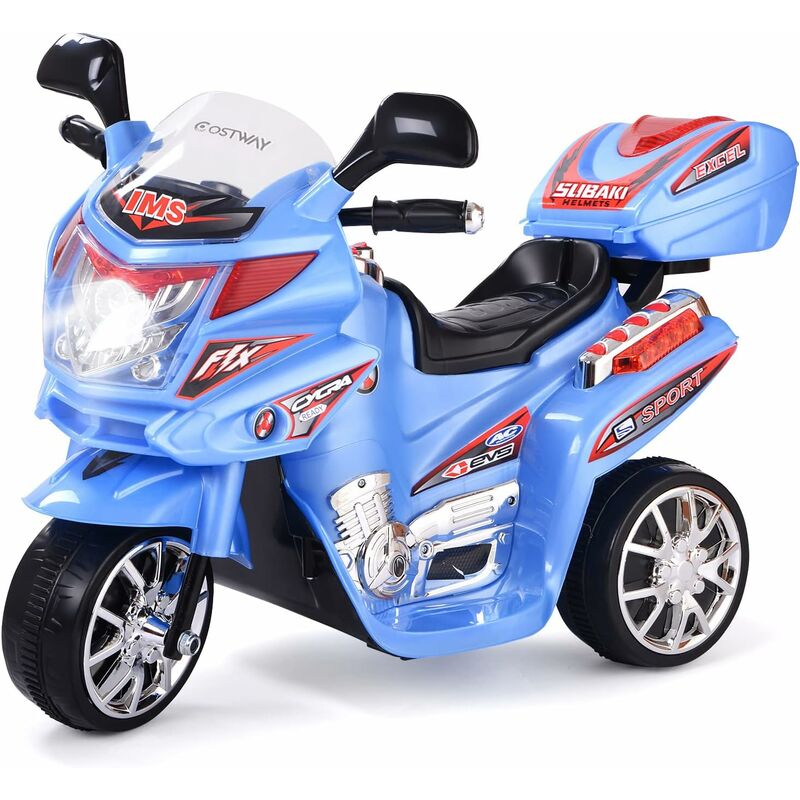 

Moto montable para niños, Moto eléctrica Juguete de batería 6 V con música incorporada, focos, Moto 3 Ruedas con Cargador (Azul) - Costway