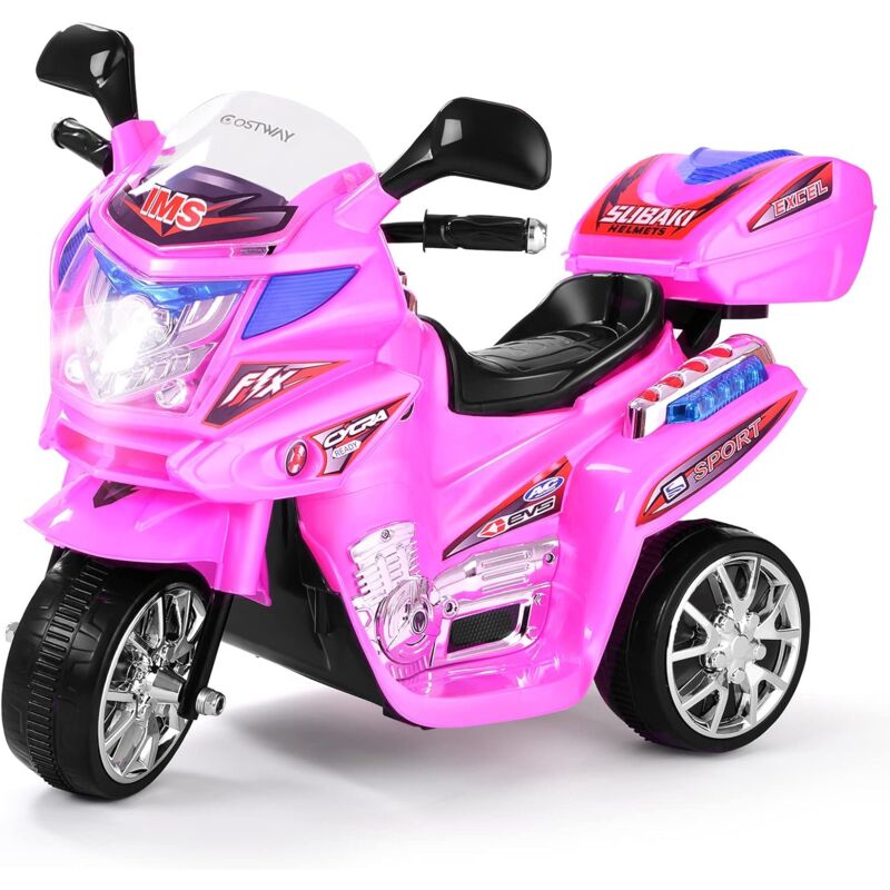 

Moto montable para niños, Moto eléctrica Juguete de batería 6 V con música incorporada, focos, Moto 3 Ruedas con Cargador (Rosa) - Costway